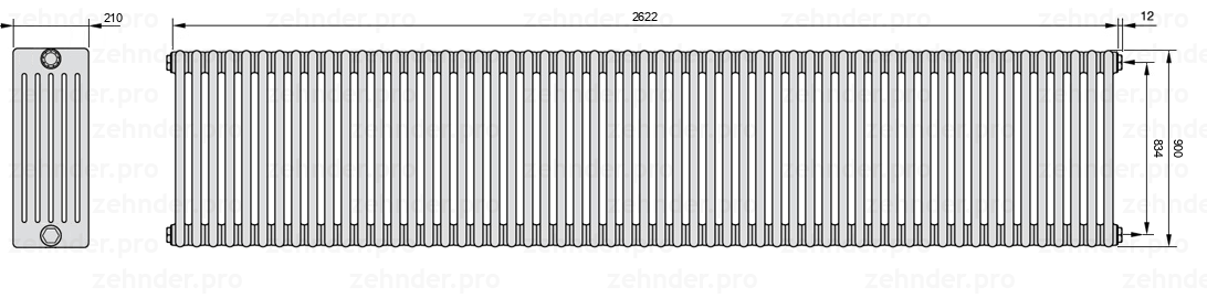 Схема (чертеж) Радиатор Zehnder Charleston 6090/57 №7610 Белый глянцевый RAL 9016